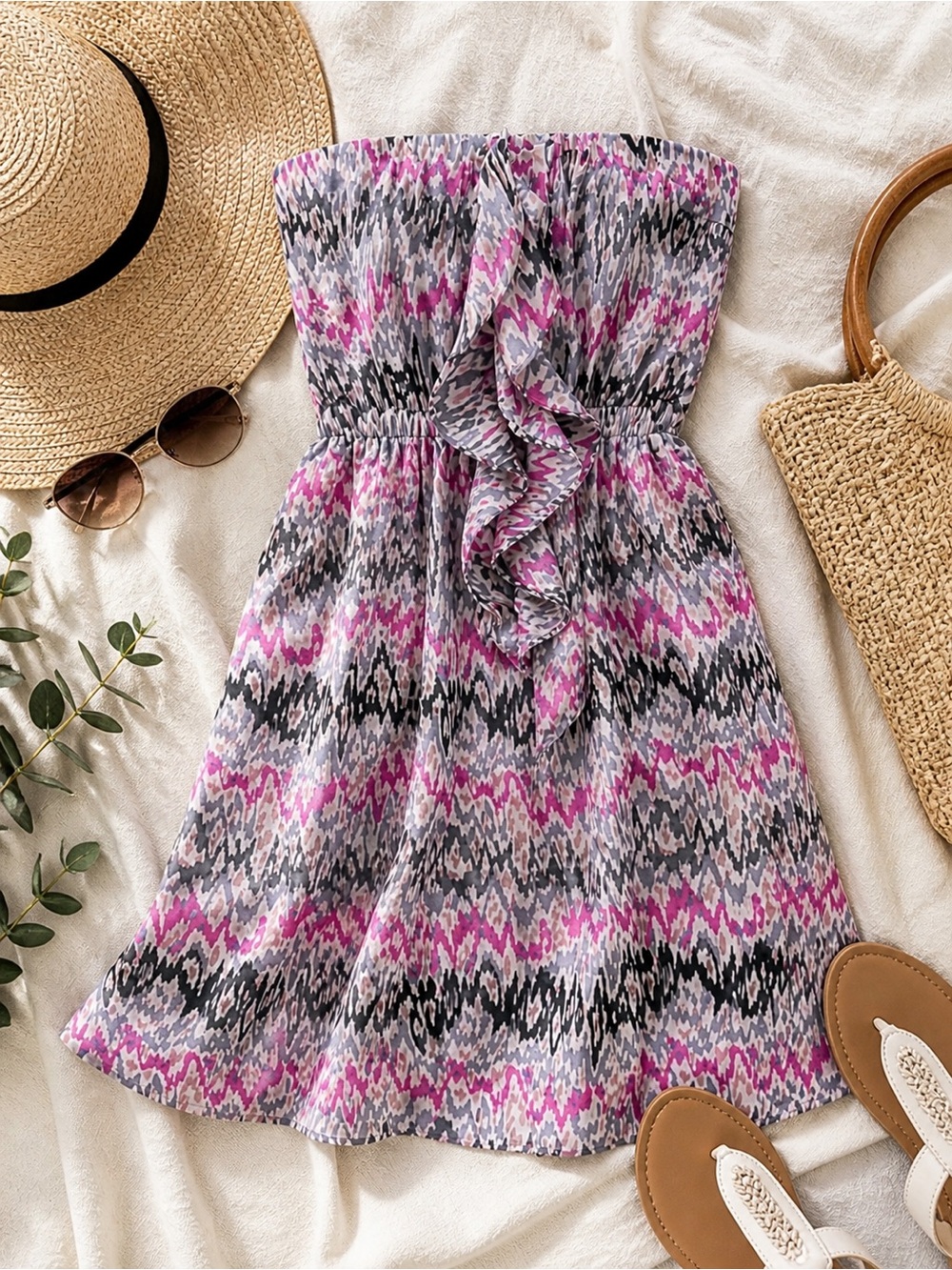 Lush Strapless Mini Dress Small Pink Ikat Zig Zag Y2K Ruffle Bust Summer